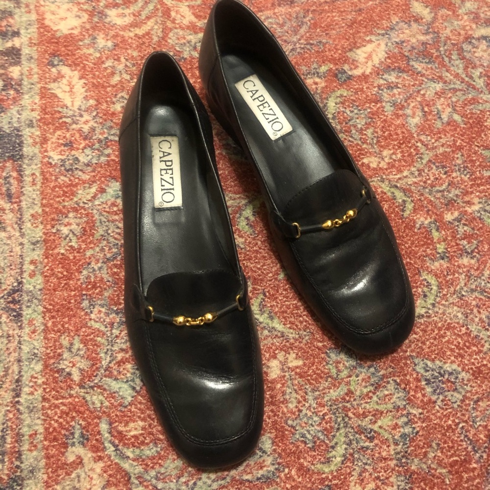 Capezio black 100% leather loafers with gold detail